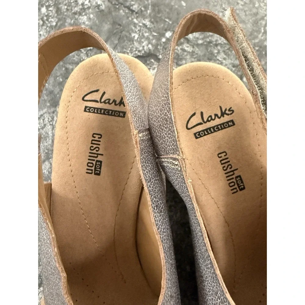 CLARKS Womens Cork Wedge Heel Sandal Gold Leather Open Toe Slingback Shoe 10M